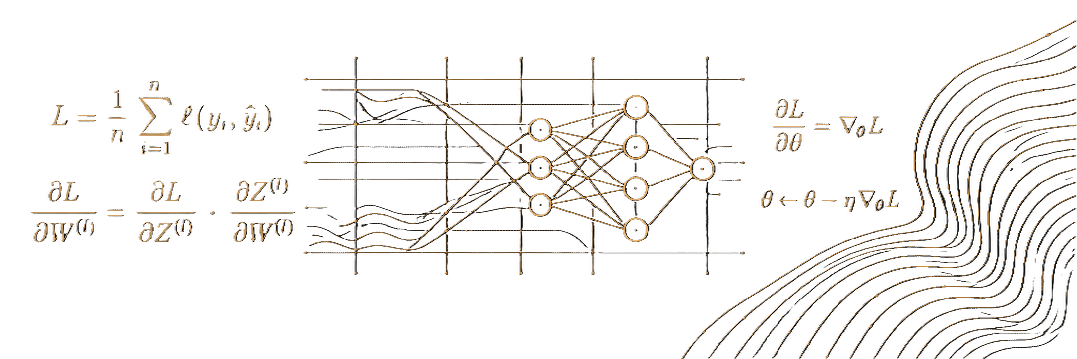 Backpropagation equations and a tiny neural network sketched in copper on a dark research notebook