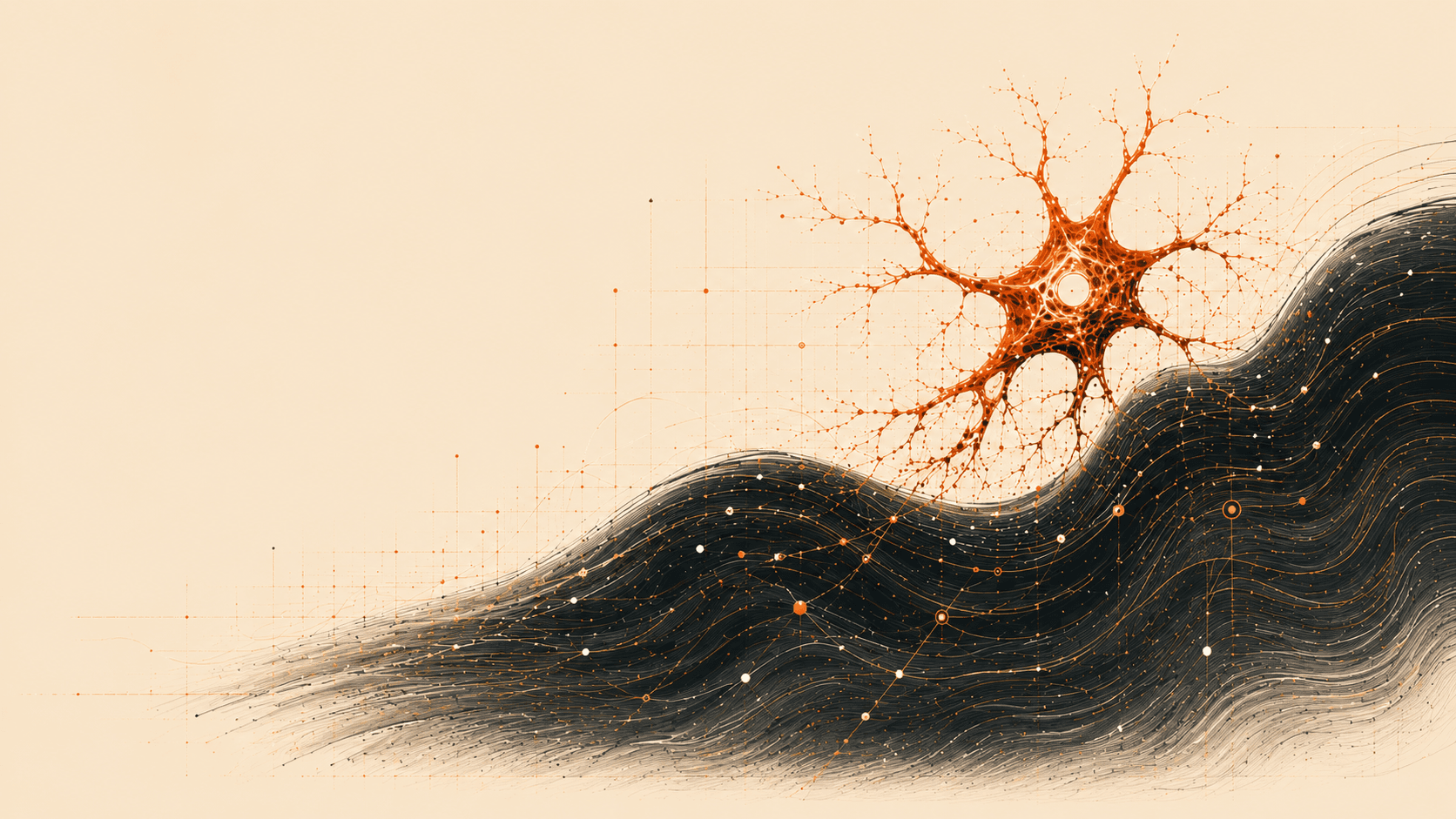 A copper-orange neuron above a dark wave of dotted network connections