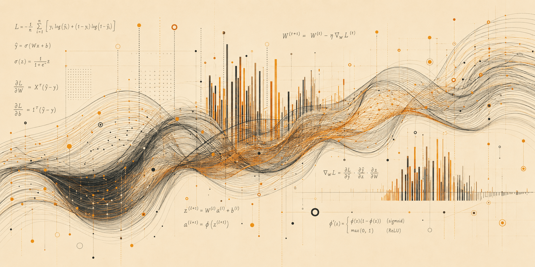 Copper waves and training-loss curves overlaid with calculus annotations